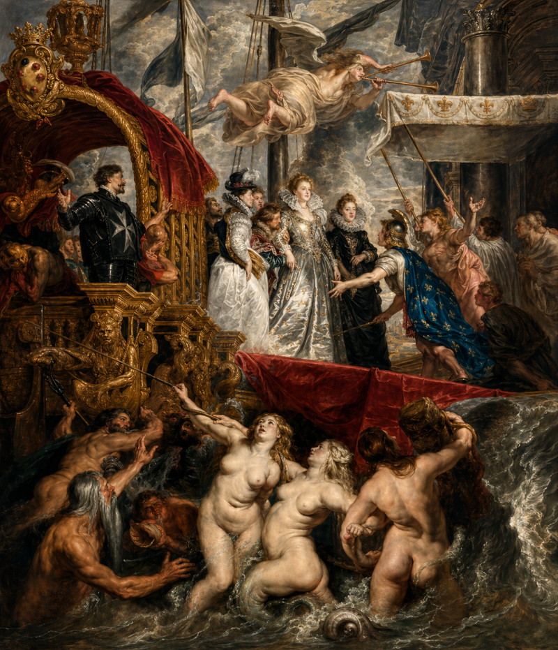 AI-generated Baroque-style maritime artwork featuring royal figures, mythological characters, ornate details, and dramatic ocean scenery.