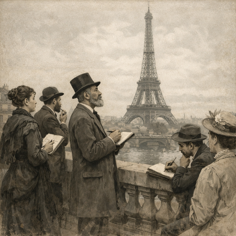 AI-generated historical editorial illustration of a small group of late-19th-century Parisian artists and intellectuals gathered on a terrace, quietly admiring the Eiffel Tower in the background, with sketchbooks, notebooks, period clothing, soft light, and a refined documentary-style atmosphere