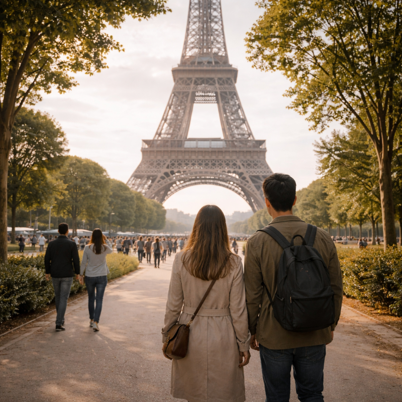 AI-generated square premium travel photograph of visitors arriving at the Eiffel Tower on foot along a clear approach path, with soft daylight, a calm Paris atmosphere, and a natural walking perspective that emphasizes the experience of reaching the monument.