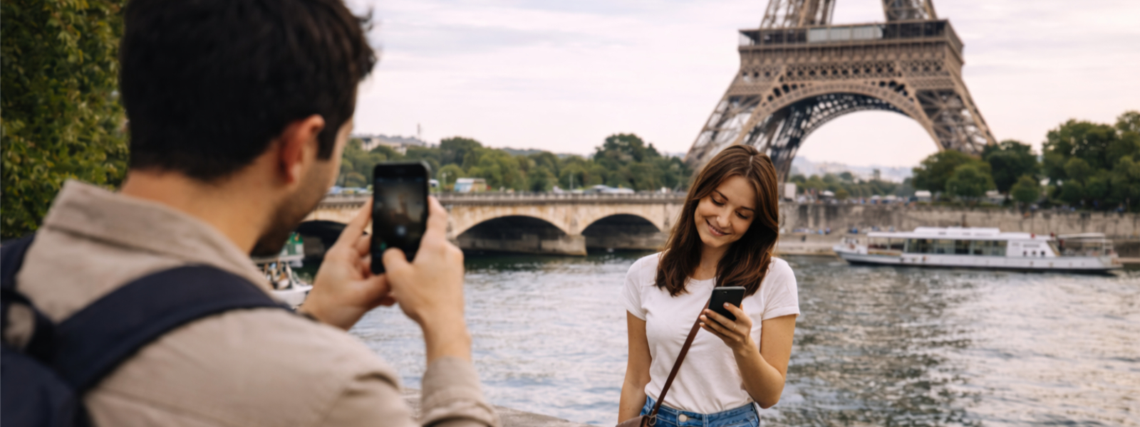 AI-generated premium travel photograph of a man taking a smartphone photo of his girlfriend beside the Seine in Paris, while she looks toward the phone and poses casually with the Eiffel Tower clearly visible in the background.