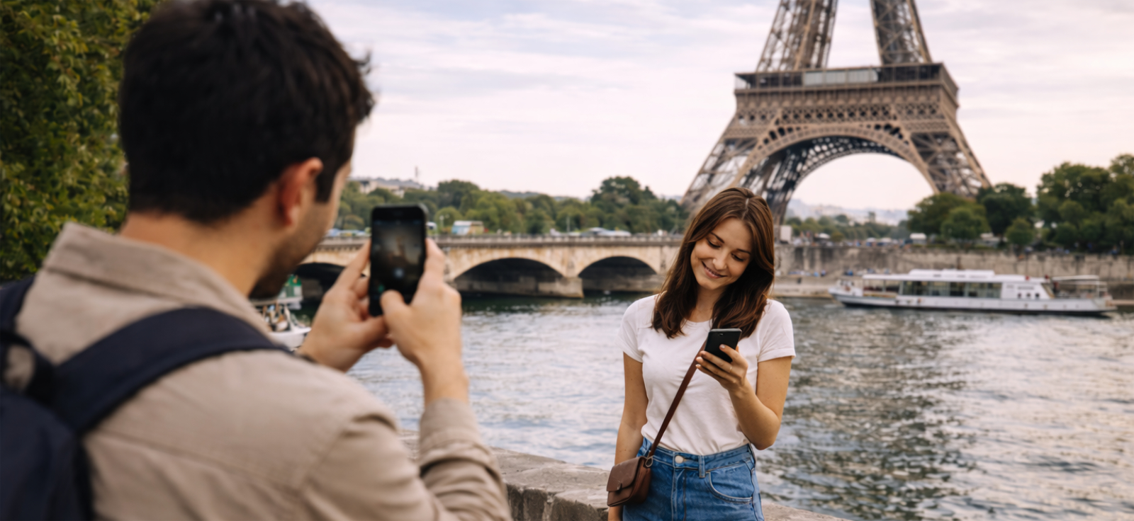 AI-generated premium travel photograph of a man taking a smartphone photo of his girlfriend beside the Seine in Paris, while she looks toward the phone and poses casually with the Eiffel Tower clearly visible in the background.