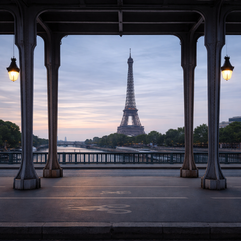 AI-generated square premium travel photograph of the Eiffel Tower seen from the Pont de Bir-Hakeim, framed by the bridge’s iron structure and strong linear perspective, with soft blue-hour light and a calm Seine-side Paris atmosphere.