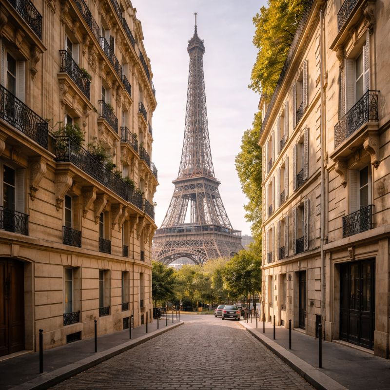 AI-generated square premium travel photograph of the Eiffel Tower rising between classic Parisian façades on Rue de l’Université, with stone buildings, balconies, shutters, and a calm street-level perspective in soft natural daylight.