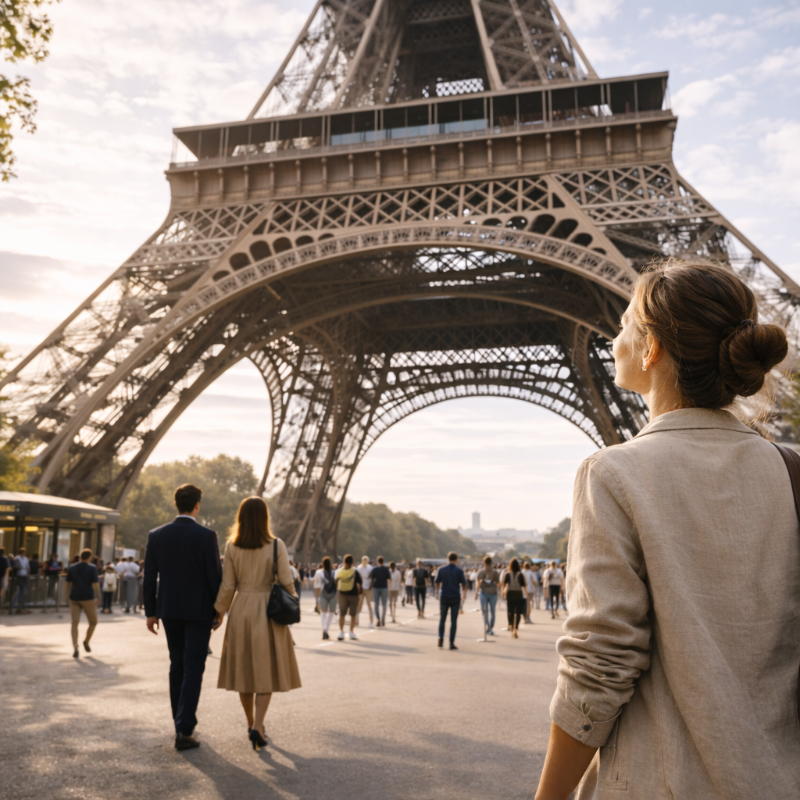 AI-generated square travel photograph of visitors walking near the base of the Eiffel Tower from a true ground-level angle, with one person in the foreground looking up in quiet admiration beneath the iron structure in soft daylight.