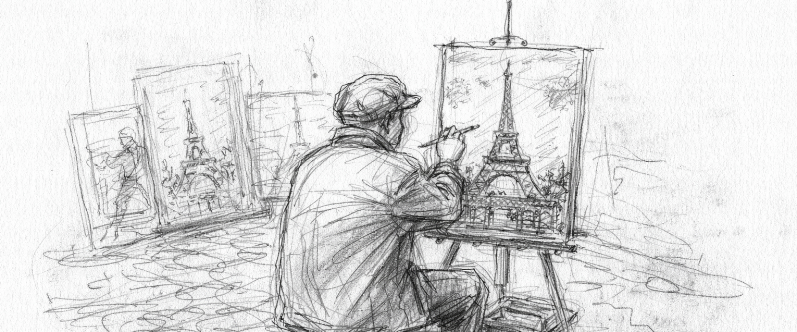 AI-generated Eiffel Tower in French culture illustration AI-generated pencil-style sketch of an artist seated on a stool, painting the Eiffel Tower on a canvas, with other framed Eiffel Tower artworks in the background.
