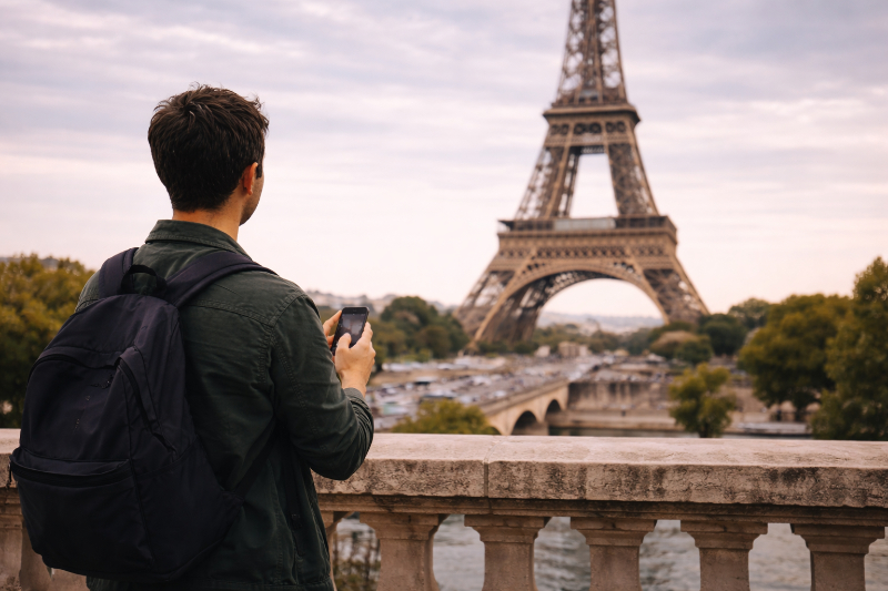 AI-generated premium travel photograph of a single visitor standing at a Paris viewpoint, holding a smartphone at chest level while looking toward the Eiffel Tower and appearing to choose the best place to take a photo.