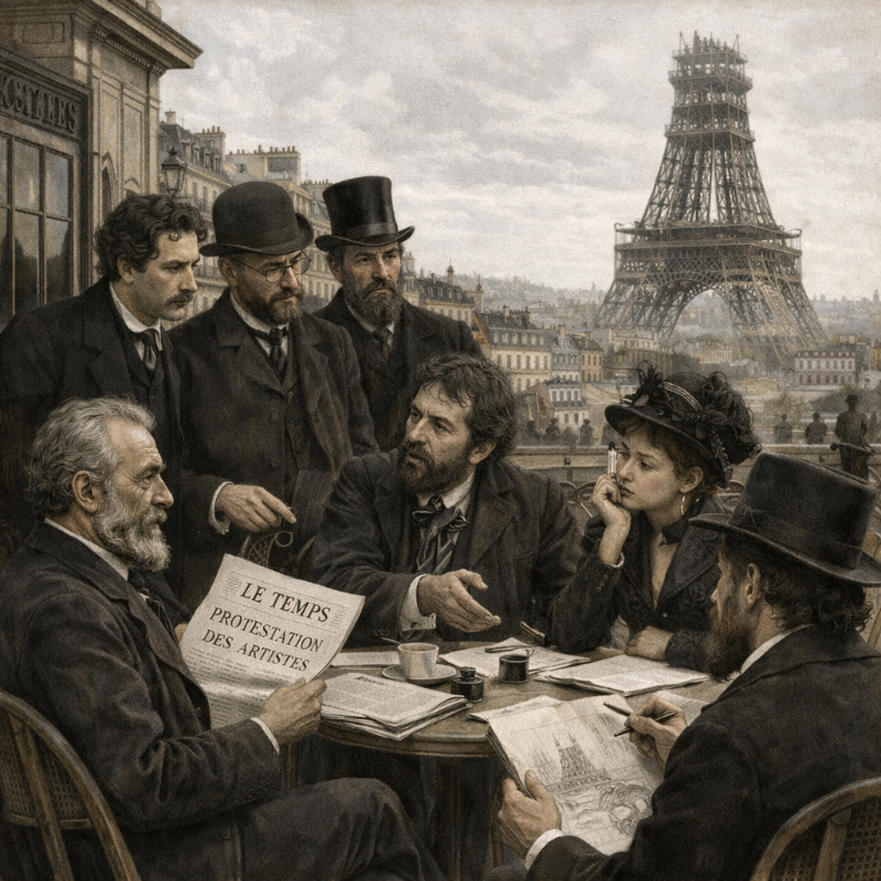 AI-generated scene of Parisian intellectuals discussing the artistic rejection of the Eiffel Tower in 1887. AI-generated premium historical editorial illustration of late-19th-century Parisian writers, artists, and public figures gathered in serious discussion, with the early Eiffel Tower structure rising in the background above Paris.