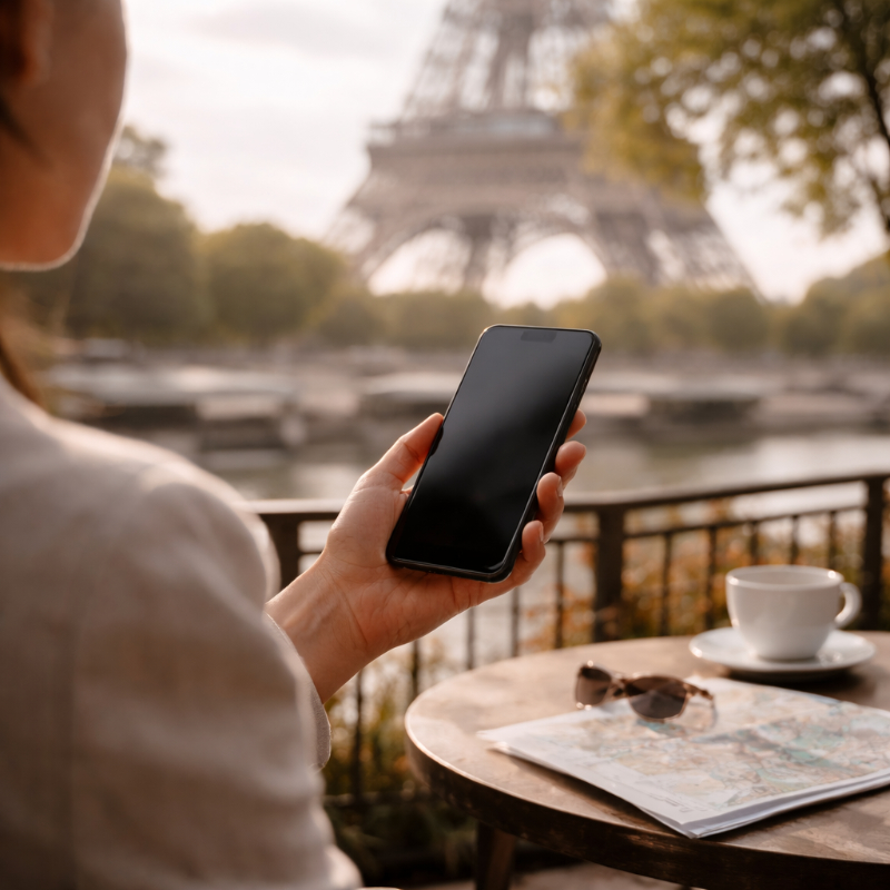 AI-generated premium travel photograph of a tourist holding a smartphone in the foreground while planning an Eiffel Tower visit, with the screen turned away and softly blurred Paris context in the background.