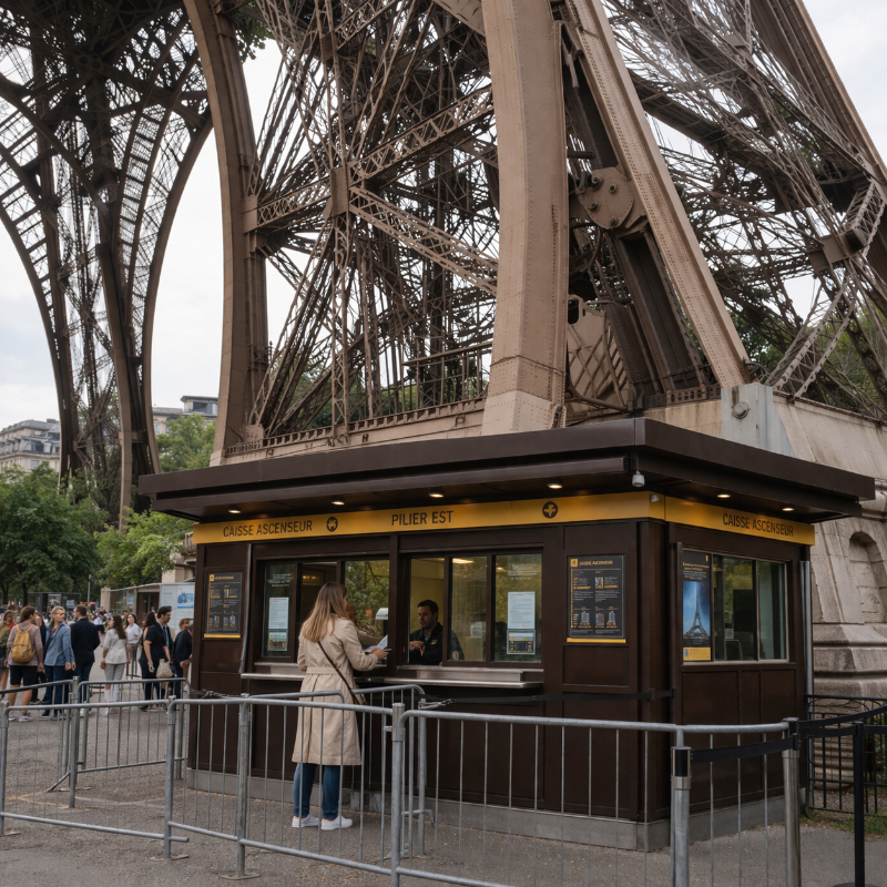 AI-generated square premium travel photograph of a realistic ticket booth beneath the Eiffel Tower, with one visitor buying a ticket at the counter, metal crowd-control barriers in front, and the iron legs of the monument visible overhead from an authentic ground-level perspective.