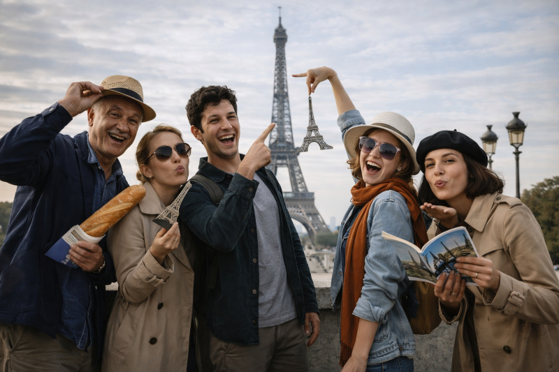 AI-generated image of a cheerful group of tourists posing playfully in front of the Eiffel Tower in Paris, with classic sightseeing gestures, travel accessories, and a miniature Eiffel Tower souvenir under soft daylight.