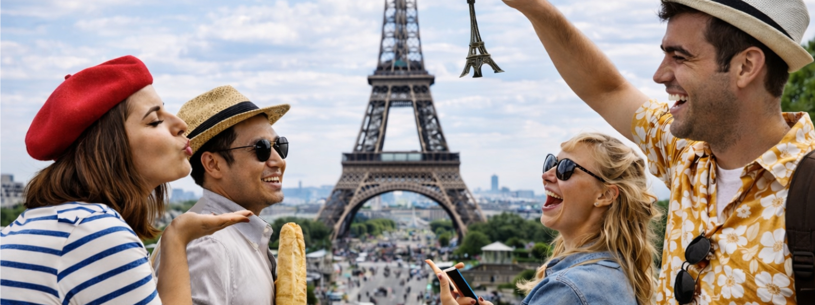 AI-generated horizontal editorial illustration of tourists in Paris posing with common clichés about the Eiffel Tower, including playful forced-perspective gestures, a baguette, a souvenir mini tower, and cheerful reactions in front of the monument.