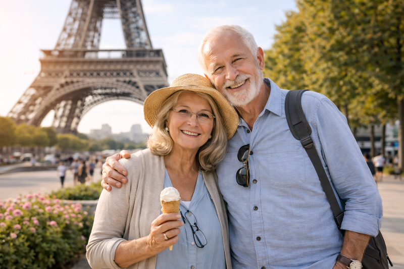 AI-generated elderly couple at the Eiffel Tower in Paris AI-generated image of an elderly couple posing in front of the Eiffel Tower in Paris, smiling warmly in casual travel clothes, with a summer hat, backpack, and ice cream in a bright tourist setting.