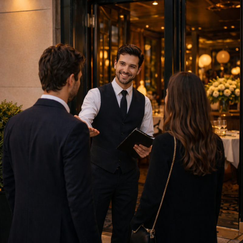 AI-generated image of a smiling host welcoming a well-dressed couple at the entrance of an elegant restaurant, with warm interior lighting and a refined evening atmosphere.