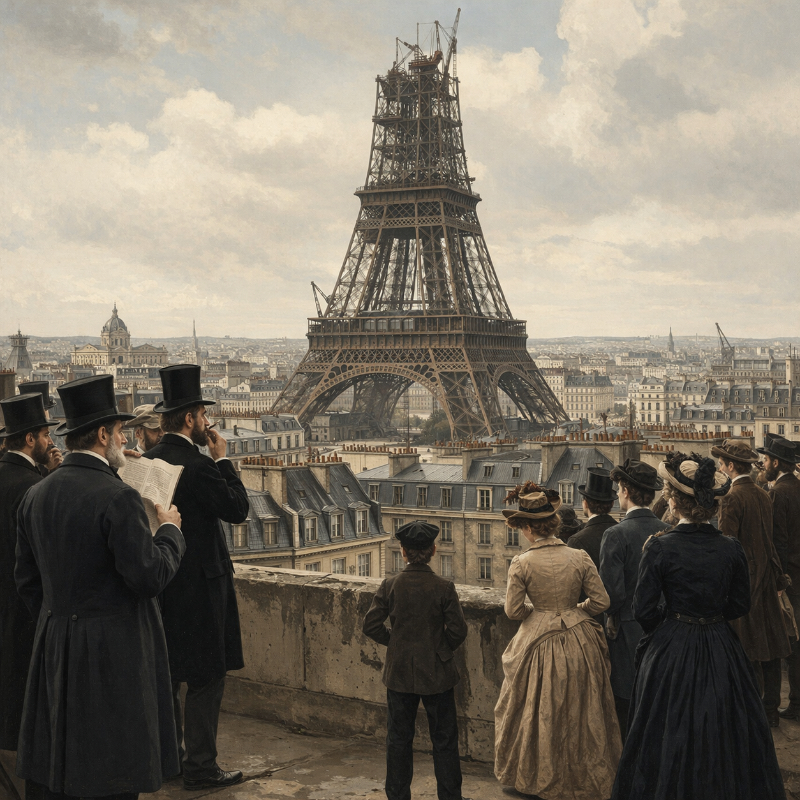 AI-generated historical editorial illustration of the Eiffel Tower under construction in late-19th-century Paris, with critics observing on one side and curious visitors on the other above Haussmann rooftops.