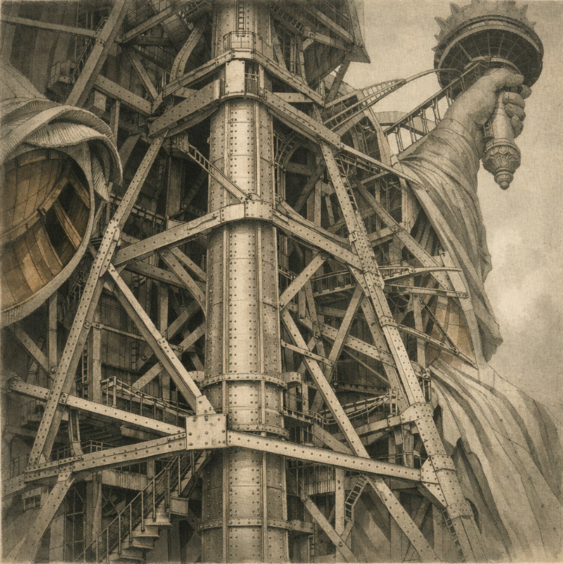 AI-generated cutaway-style historical illustration of the Statue of Liberty’s interior, showing the central iron pylon, trusses, and armature bars behind the copper skin.