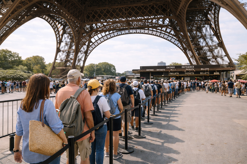 AI-generated image of tourists waiting in a long queue directly beneath the Eiffel Tower in Paris, with the iron structure overhead and entrance lines organized under the monument.