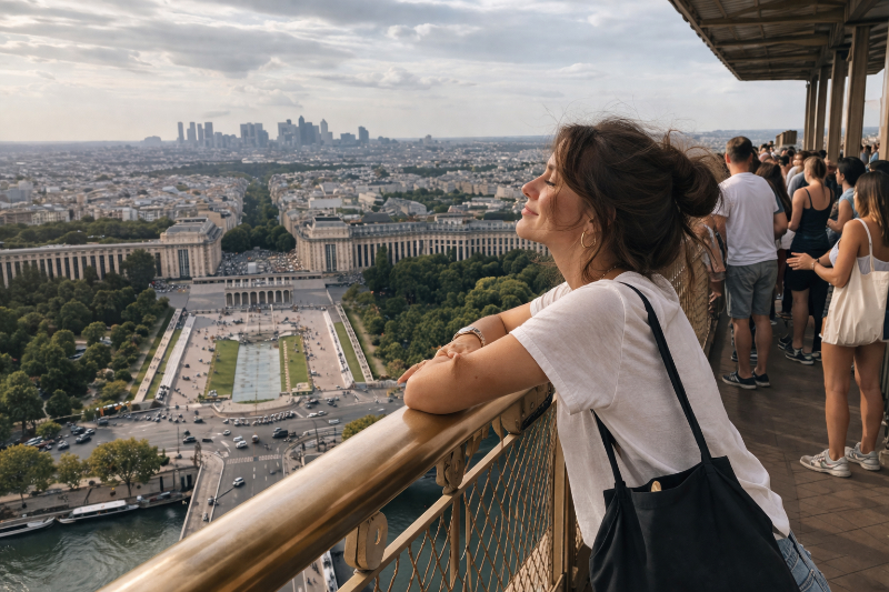 AI-generated visitor enjoying the view from the Eiffel Tower in Paris AI-generated image of a visitor leaning on the railing of the Eiffel Tower observation deck, calmly enjoying the panoramic view over Paris in a realistic horizontal travel scene.