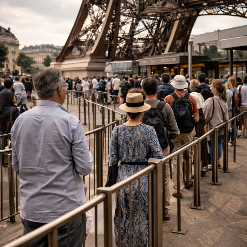 AI-generated editorial-style travel image of visitors in an orderly timed-entry queue beneath the Eiffel Tower, with controlled access barriers and a moderate wait.