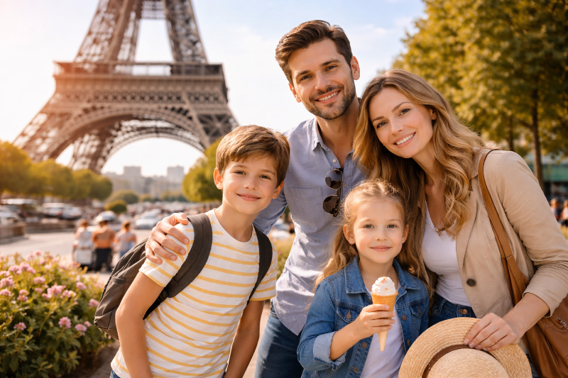 AI-generated tourist family photo at the Eiffel Tower in Paris AI-generated image of a tourist family posing in front of the Eiffel Tower in Paris, with casual travel clothing, a summer hat, an ice cream cone, and a bright sightseeing atmosphere.