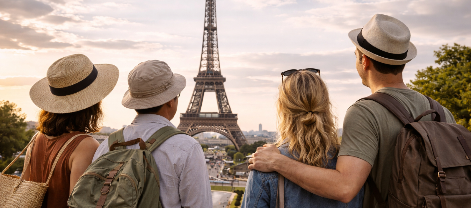 AI-generated tourists visiting the Eiffel Tower AI-generated long horizontal photograph of four tourists seen from behind at a Paris viewpoint, quietly looking toward the Eiffel Tower in soft evening light, with casual clothing, backpacks, and a calm, natural travel atmosphere.