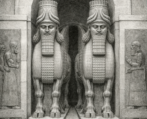 AI-generated engraving of Assyrian lamassu at the Louvre. AI-generated front-facing engraving of two Assyrian lamassu sculptures guarding a monumental arched doorway, with carved relief panels on either side in a symmetrical black-and-white composition.