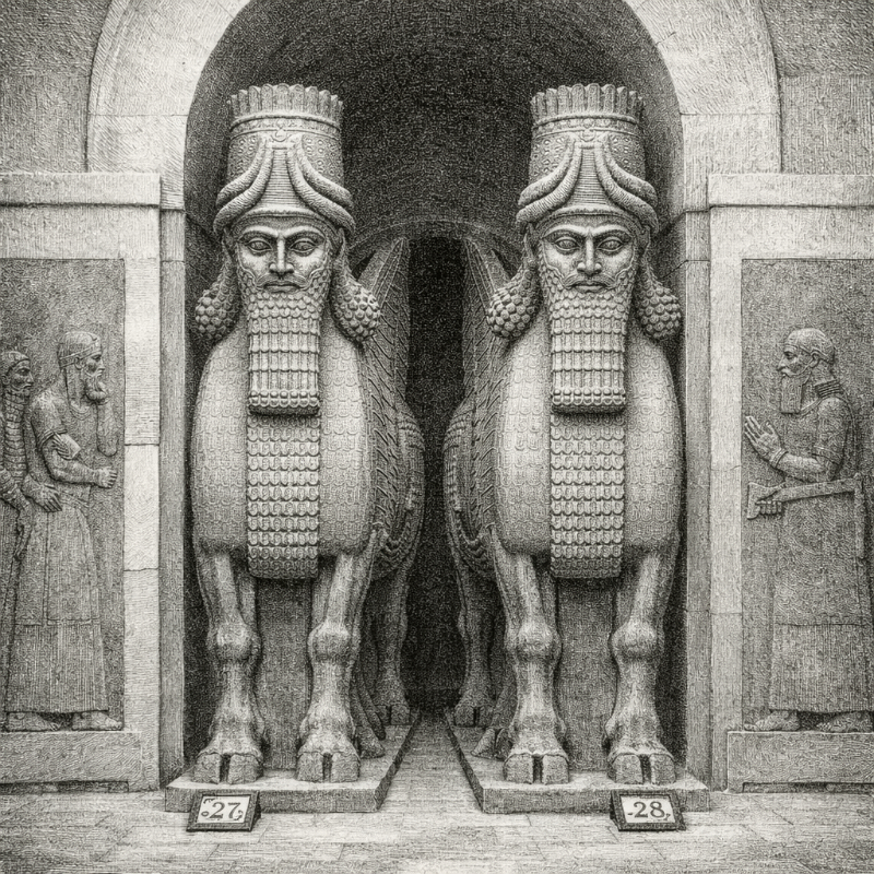 AI-generated engraving of Assyrian lamassu at the Louvre. AI-generated front-facing engraving of two Assyrian lamassu sculptures guarding a monumental arched doorway, with carved relief panels on either side in a symmetrical black-and-white composition.