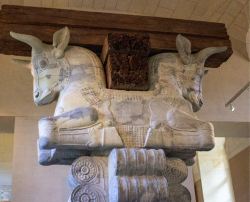 Adobe Stock view of an Achaemenid bull capital at the Louvre. View of an Achaemenid double-bull capital displayed at the Louvre, showing two carved bull protomes supporting a dark wooden beam beneath a vaulted gallery ceiling.
