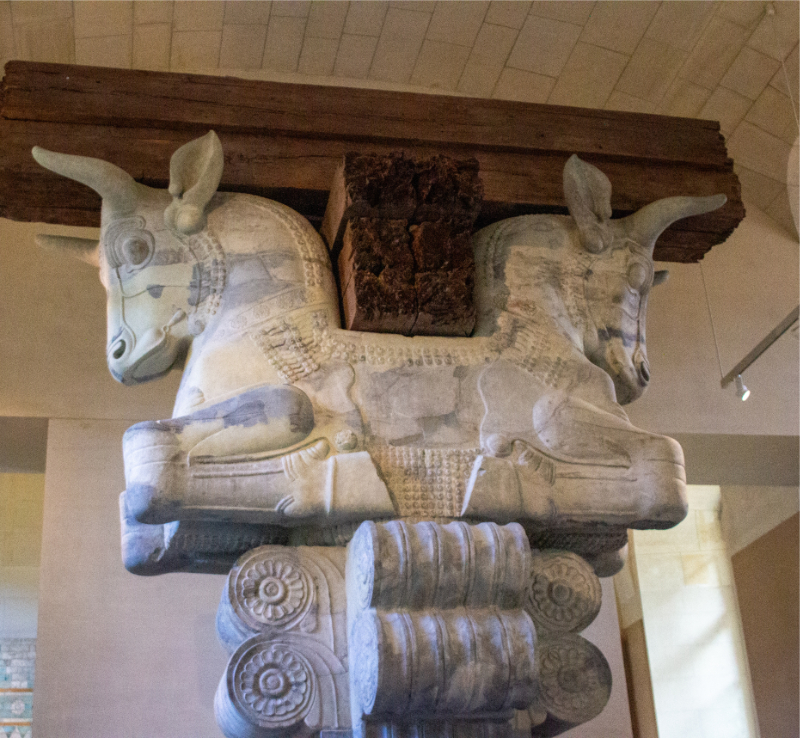 Adobe Stock view of an Achaemenid bull capital at the Louvre. View of an Achaemenid double-bull capital displayed at the Louvre, showing two carved bull protomes supporting a dark wooden beam beneath a vaulted gallery ceiling.