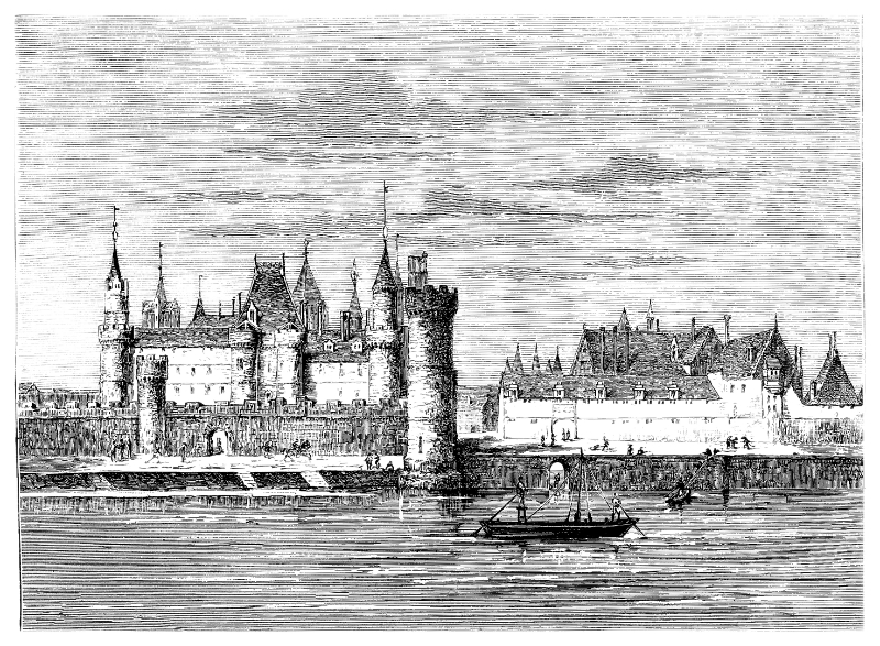 Adobe Stock - Engraving-style view of the medieval Louvre fortress beside the Seine.