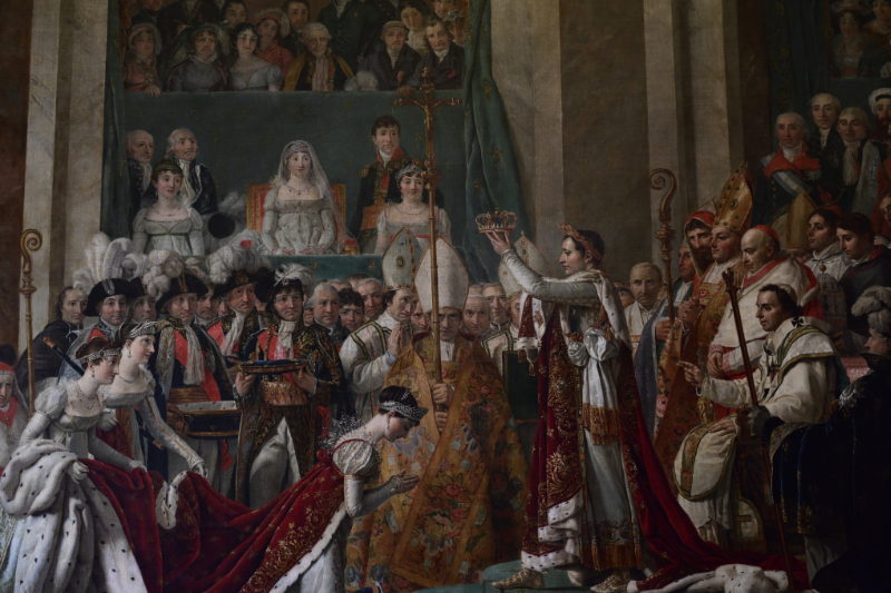 Adobe Stock historical painting of a royal coronation ceremony with a crowned ruler, clergy, nobles, and attendants gathered in a grand cathedral.