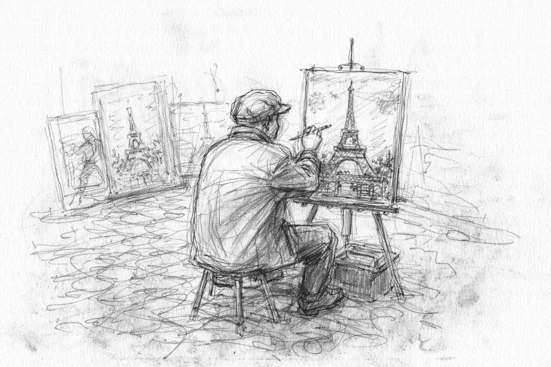 AI-generated sketch-style illustration of an artist seated at an easel, painting the Eiffel Tower on a canvas in a loose black-and-white drawing.