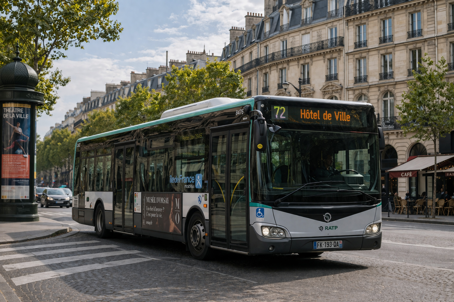 Bus urbain devant l'Hôtel de Ville AI-generated horizontal view of a modern city bus driving along a broad Parisian street lined with Haussmann-style buildings, trees, and cafés.