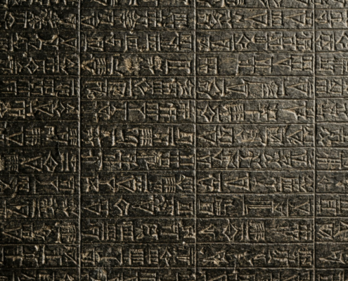 AI-generated close-up of cuneiform inscriptions on the Code of Hammurabi. AI-generated close-up of cuneiform inscriptions on a dark stone surface, shown in a tightly framed composition that emphasizes the carved texture and dense horizontal lines of the script.