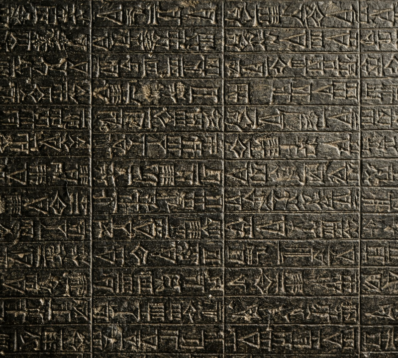 AI-generated close-up of cuneiform inscriptions on the Code of Hammurabi. AI-generated close-up of cuneiform inscriptions on a dark stone surface, shown in a tightly framed composition that emphasizes the carved texture and dense horizontal lines of the script.