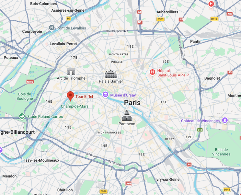 Map of Paris with the Eiffel Tower marked near Champ-de-Mars, along with major landmarks and surrounding districts