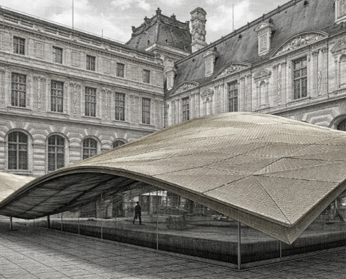 AI-generated engraving of the Cour Visconti roof above the Louvre’s Islamic Arts galleries. AI-generated engraving of the Cour Visconti roof at the Louvre, showing the undulating canopy of the Islamic Arts department set within the historic stone courtyard.