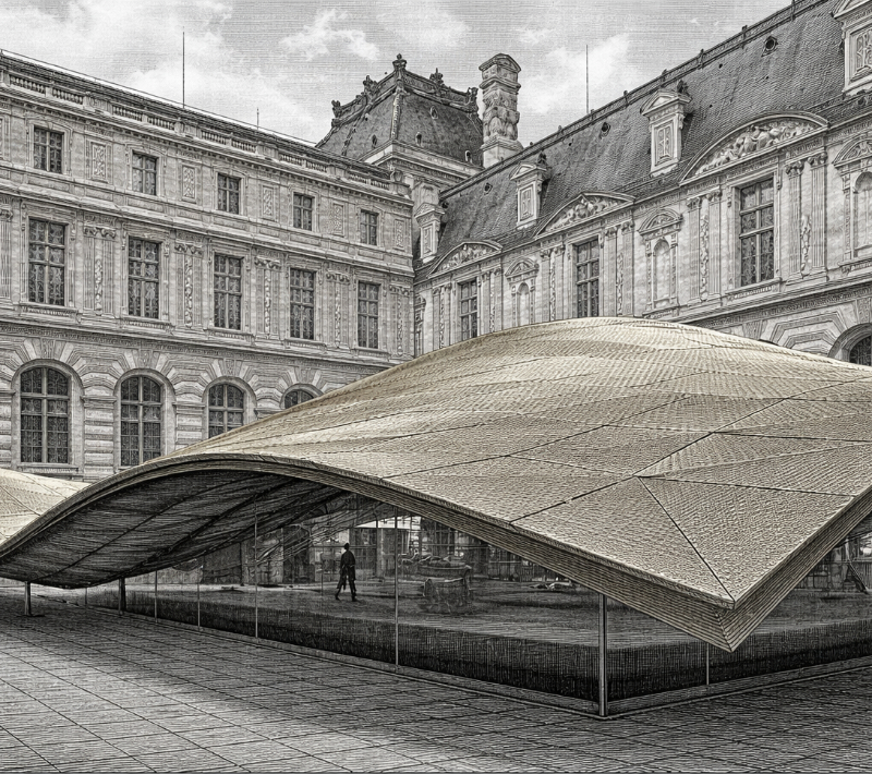AI-generated engraving of the Cour Visconti roof at the Louvre, showing the undulating canopy of the Islamic Arts department set within the historic stone courtyard.