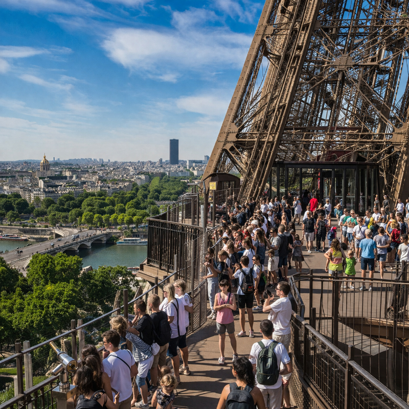 AI-generated square contemporary view of a busy observation deck on the Eiffel Tower, with many visitors gathered along the railings and a panoramic view of Paris stretching out below on a bright day.