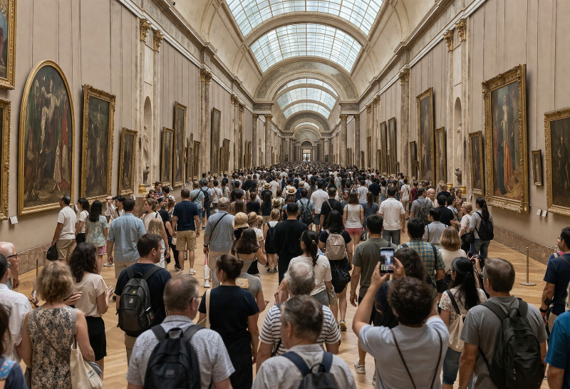 AI-generated view of a crowded gallery at the Louvre. AI-generated horizontal view of a crowded Louvre-style gallery, showing large paintings, a long skylit hall, and many tourists moving through the museum space.