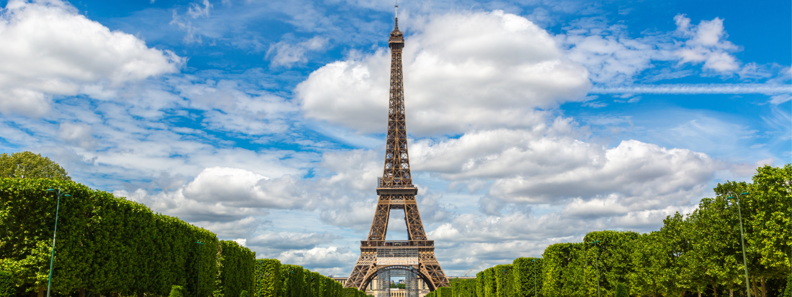 Daytime View of the Eiffel Tower from Champ de Mars Daytime view of the Eiffel Tower rising above the tree-lined Champ de Mars under a blue sky with large white clouds