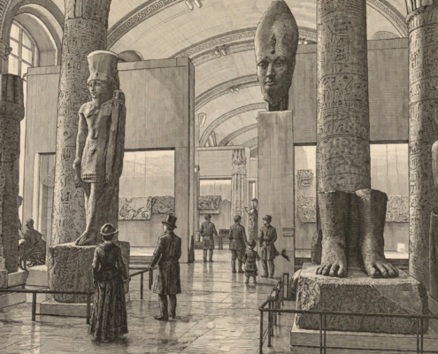 AI-generated engraving of an Egyptian antiquities gallery at the Louvre. AI-generated engraving of an Egyptian antiquities gallery at the Louvre, showing monumental statues, carved columns with hieroglyphs, and an ordered museum layout in a vaulted hall.