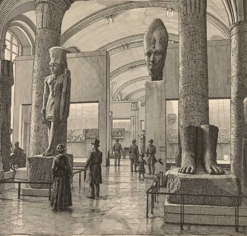 AI-generated engraving of an Egyptian antiquities gallery at the Louvre, showing monumental statues, carved columns with hieroglyphs, and an ordered museum layout in a vaulted hall.
