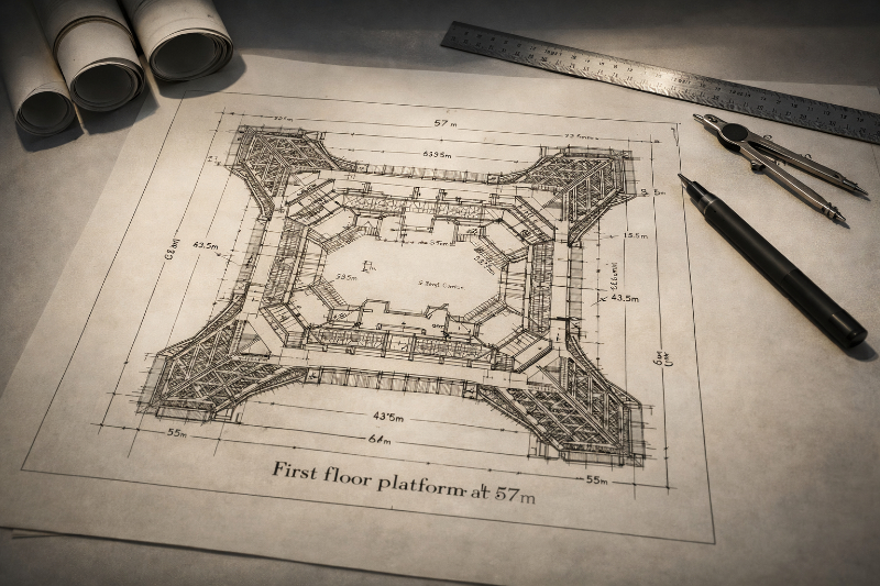 AI-generated view of a technical drawing of the Eiffel Tower’s first-floor platform, laid out on a worktable with rolled plans, measuring tools, and drafting instruments.