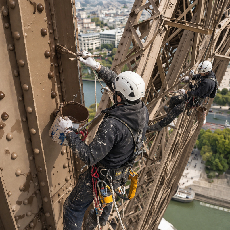 AI-generated close-up view of painters working high on the Eiffel Tower, suspended by safety ropes as they repaint the iron structure and riveted beams above Paris.