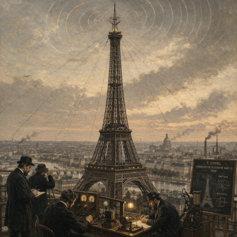 AI-generated square historical-style illustration of the Eiffel Tower around 1909, shown fully built above Paris with an early radio antenna at the summit, while scientists work with wireless telegraphy equipment in the foreground.