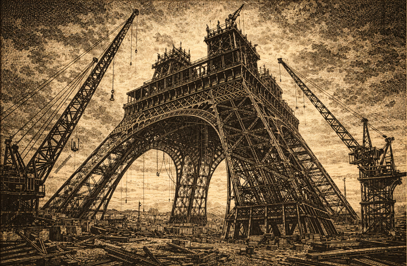 AI-generated engraving of the Eiffel Tower under construction, showing the iron structure rising above the worksite with cranes, scaffolding, and building materials around its base.