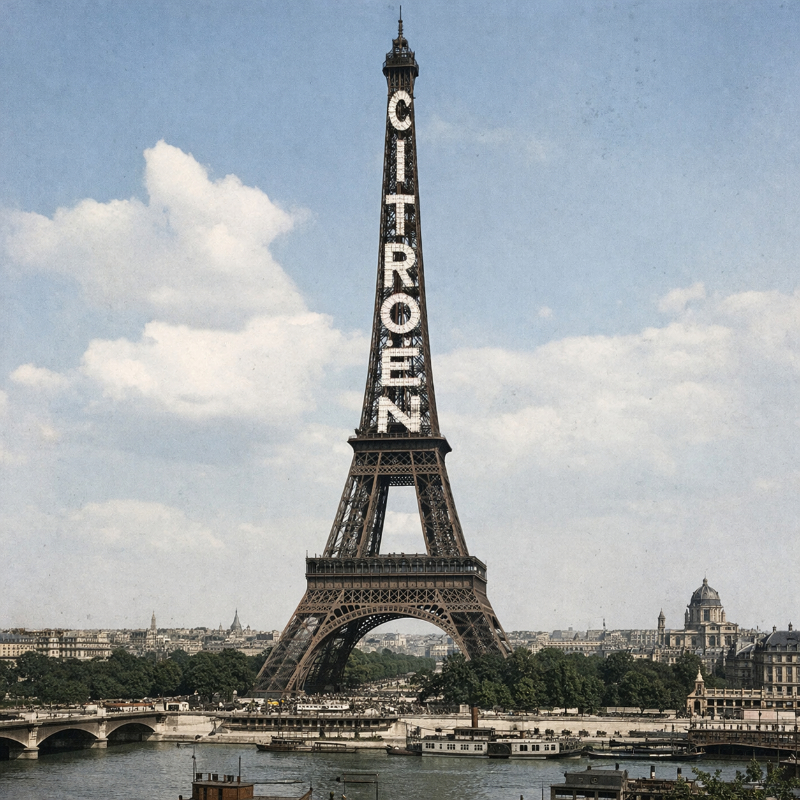 AI-generated square historical-style daytime view of the Eiffel Tower in Paris with large Citroën lettering running vertically along the structure, seen above the Seine and the surrounding city under a pale blue sky.