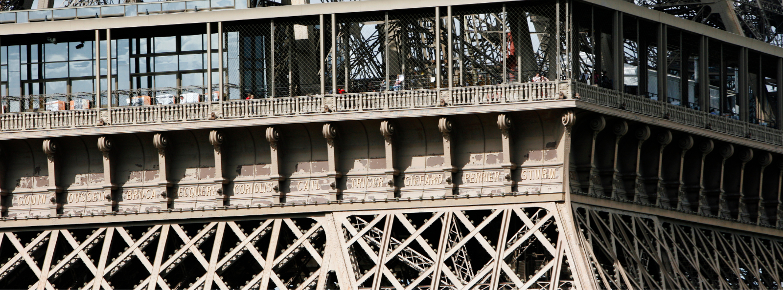 First Floor of the Eiffel Tower - Adobe Stock Close exterior view of the first floor of the Eiffel Tower, showing the enclosed platform, dense iron lattice structure, and decorative architectural details in daylight.