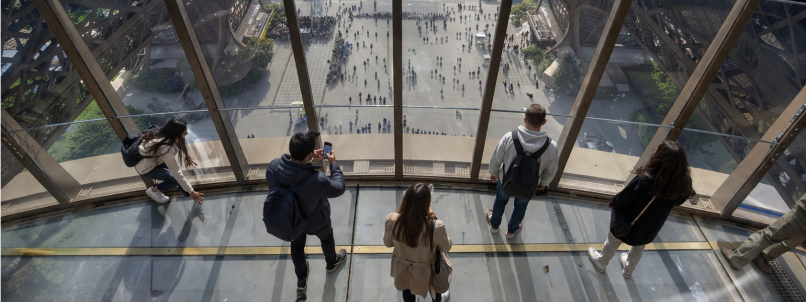 AI-generated long horizontal view of the Eiffel Tower’s first-floor glass floor, showing visitors in different positions above transparent panels with the esplanade visible far below through the structure.