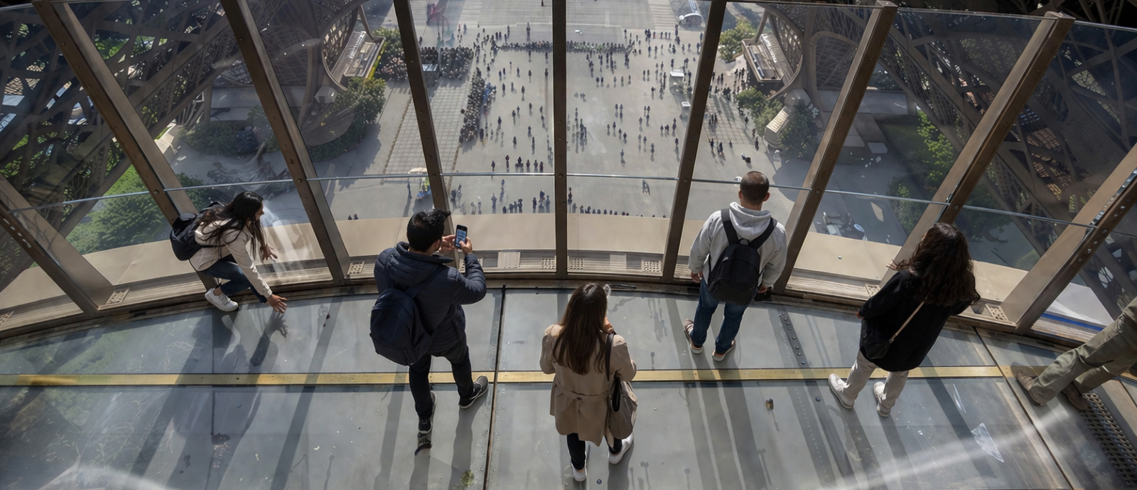 Glass Floor on the First Floor of the Eiffel Tower - AI-Generated AI-generated long horizontal view of the Eiffel Tower’s first-floor glass floor, showing visitors in different positions above transparent panels with the esplanade visible far below through the structure.